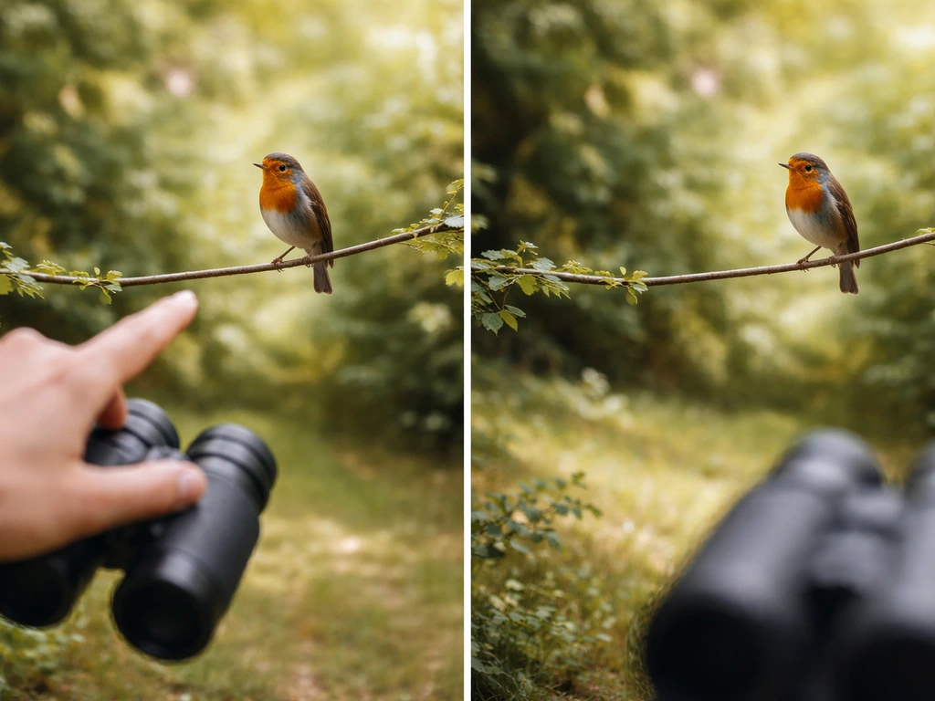 Two minimal natural-light frames: a songbird on a branch, with a pointing hand vs no hand.
