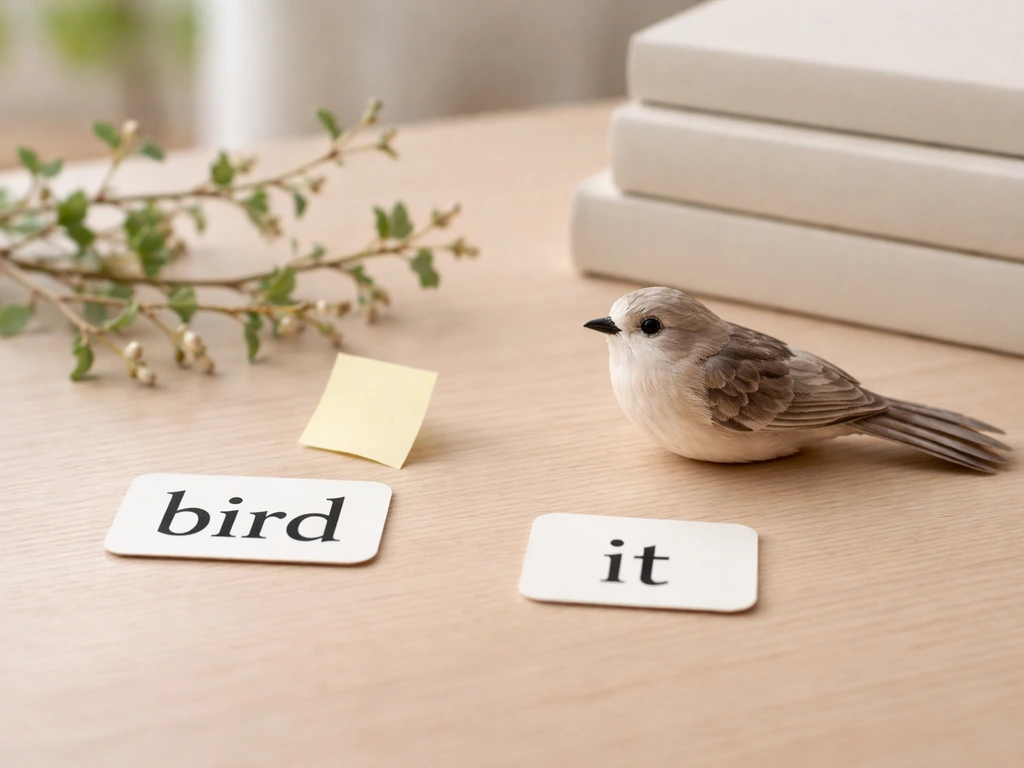 Minimal tabletop scene with a feather ornament and word-block cues showing “bird” as a noun.