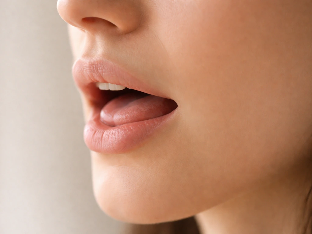 Close side view of relaxed jaw and mid-central tongue posture for pronouncing an American English word