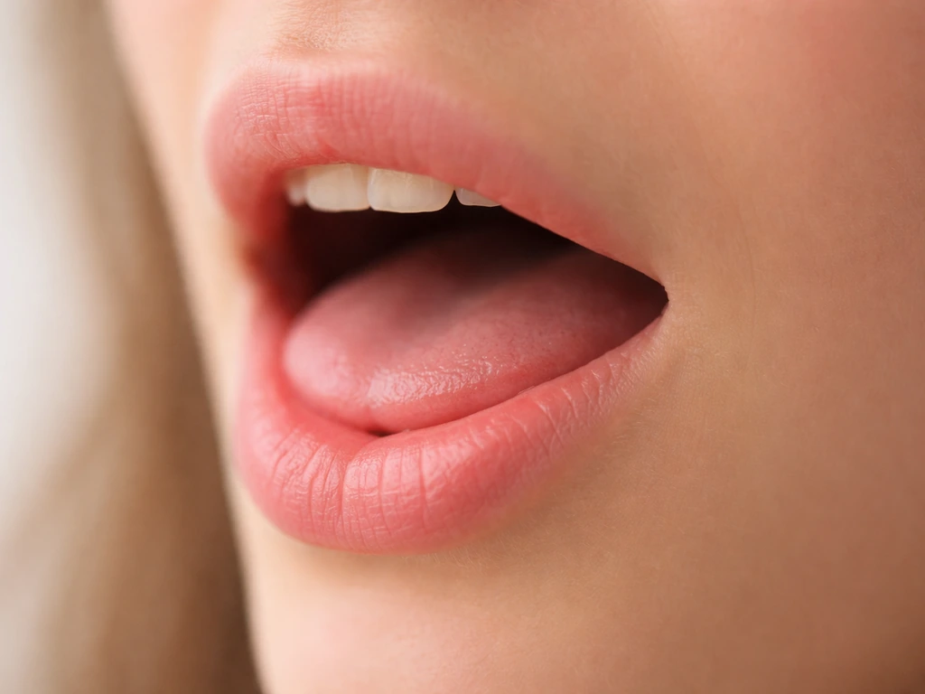 Close-up of an anonymous mouth showing the tongue flat for the British “bird” vowel sound.