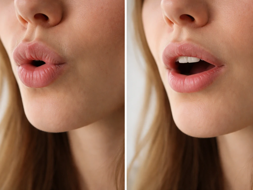 Close-up of lips pronouncing “bird,” with a second frame showing the word in a sentence context using mouth timing.