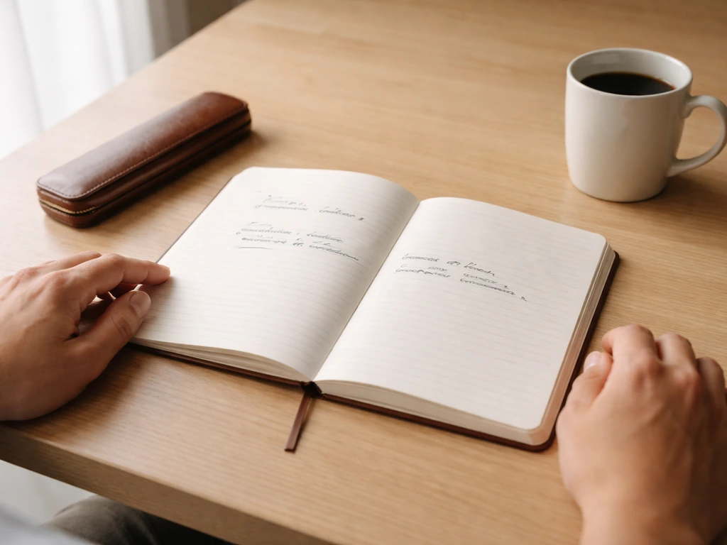 Minimal desk scene with a single open notebook showing natural Spanish-like sentence patterns for distributive phrasing