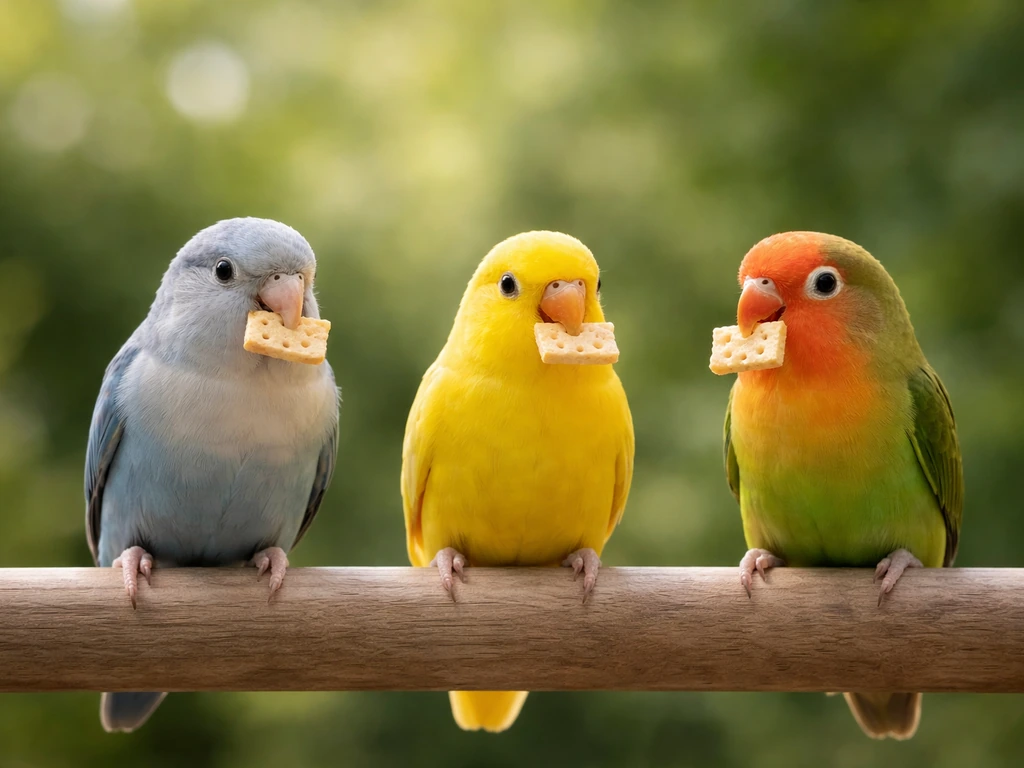 Three small parrots perched close together, each holding a cracker in its beak