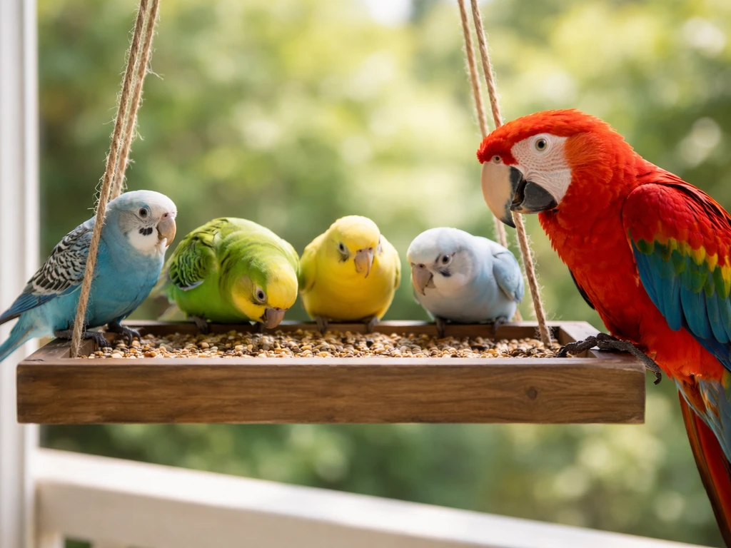 Colorful parrots perched at a window bird feeder, happily eating seeds.