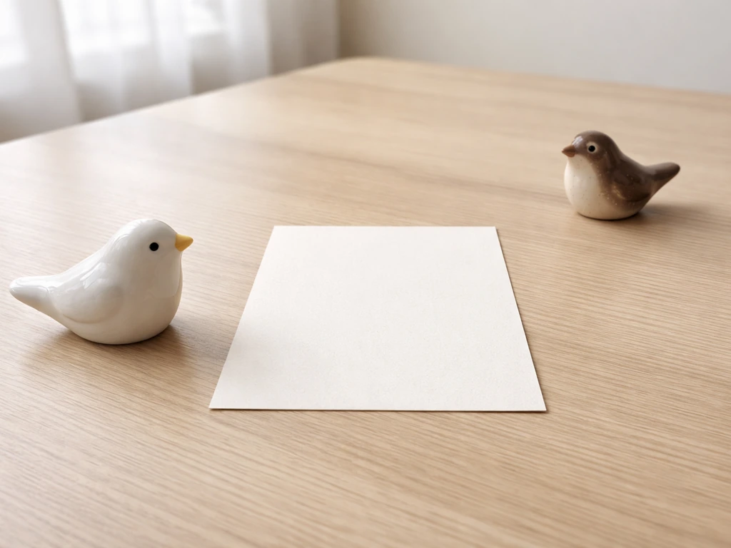 Minimal photo of two ceramic bird figurines on a desk, separated by a small sheet showing different categories