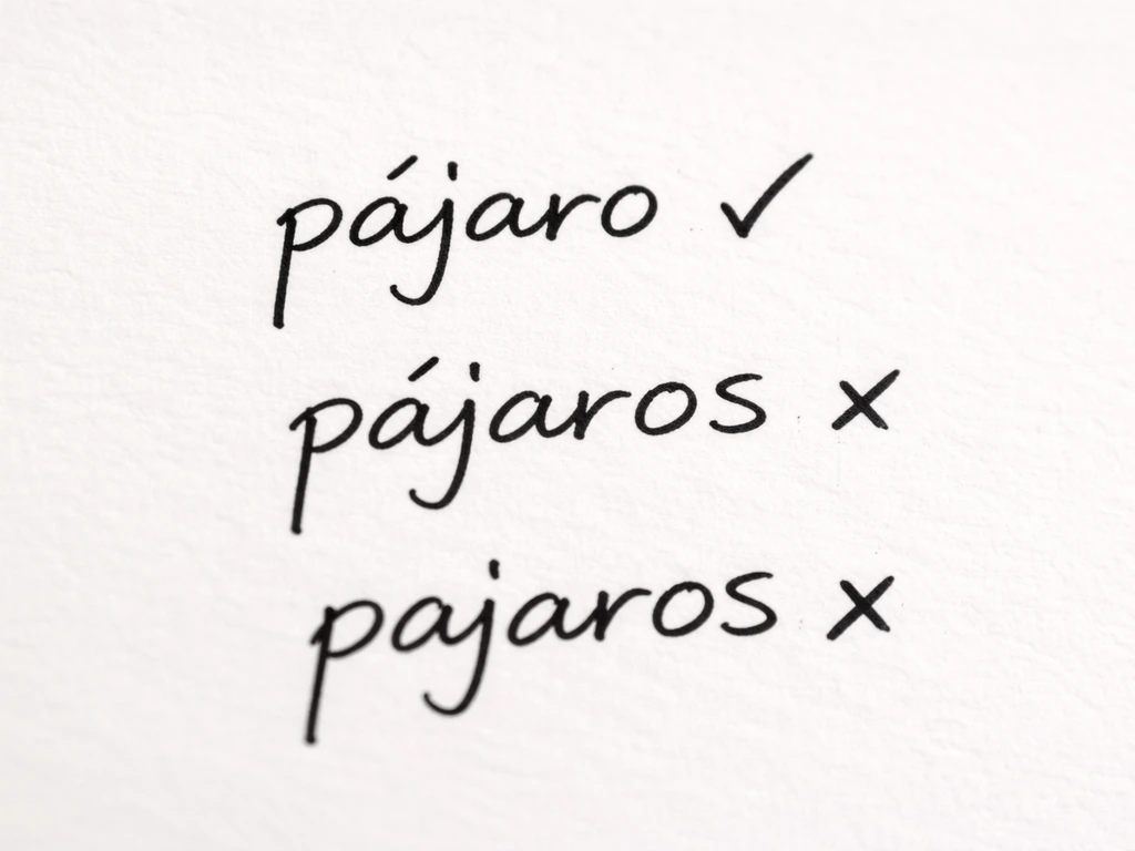 Close-up of handwritten Spanish bird words highlighting correct diacritics and plural endings with ink accents.