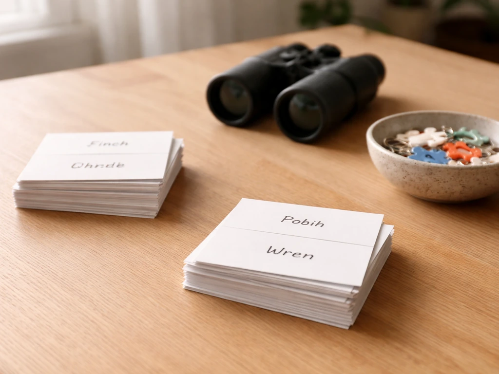 Index cards and binoculars on a wooden table for practical birdwatching and pet-naming practice.