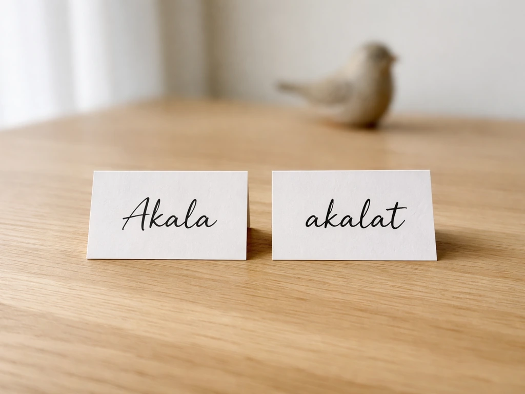 Close-up of two name tags on a table: “Akala” beside “akalat,” with a blurred bird silhouette in the background