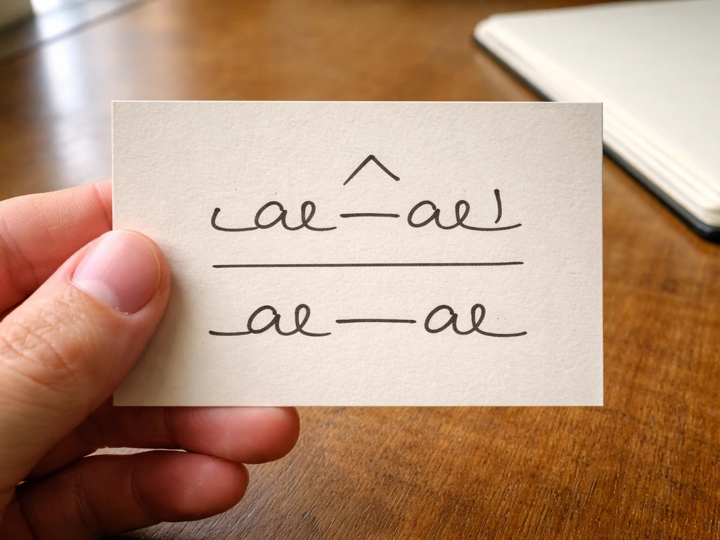 Hand holds a blank pronunciation card with stress mark symbols, minimal wooden table scene.