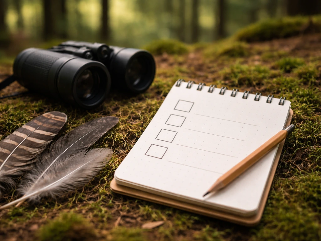 Close-up of field notebook and binoculars on a forest floor with a simple checklist layout for bird ID tips.