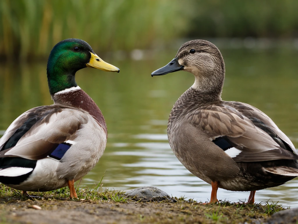 Two real ducks side by side, showing different head and neck shapes and coloring, outdoors by water.