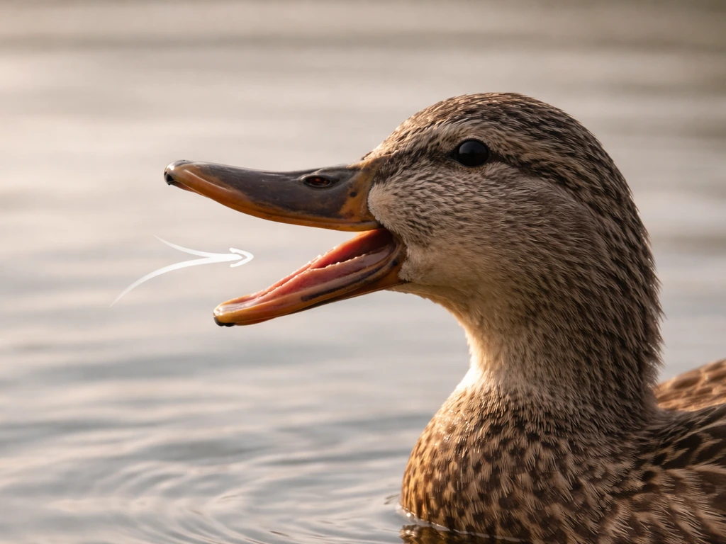 Close-up profile of a duck beak vocalizing with a subtle arrow-like callout effect near the mouth.
