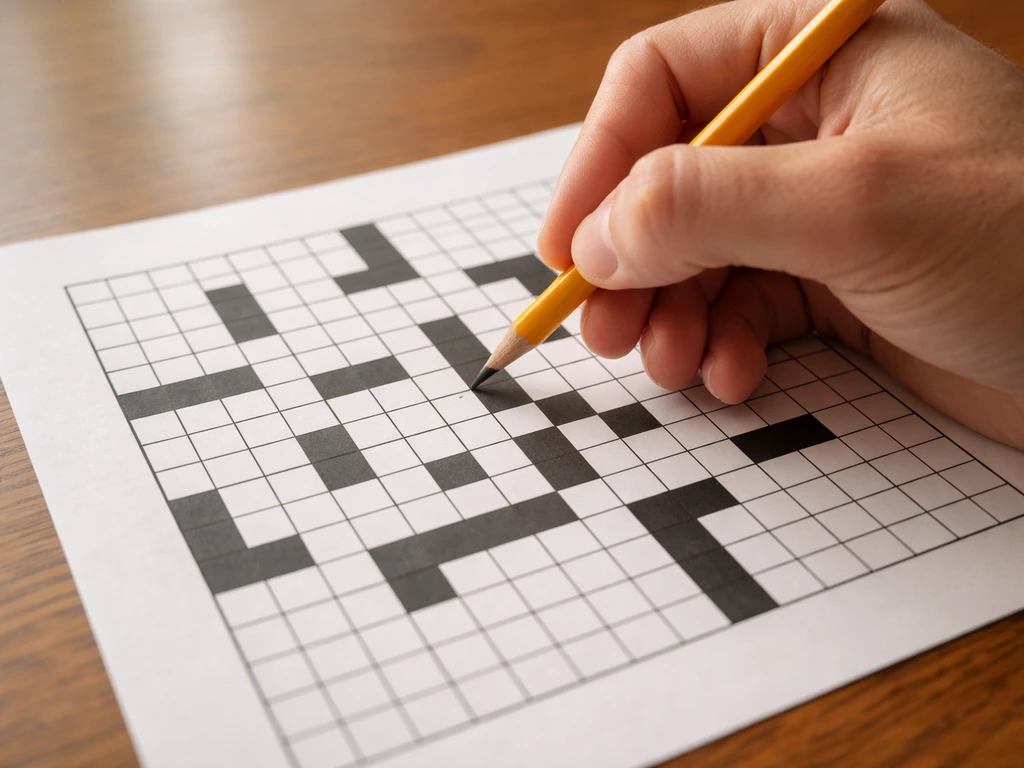 Hand and pencil re-checking square counts on a close-up crossword grid for a 6-letter clue.