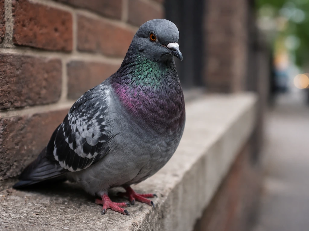 A common rock pigeon perched on a concrete ledge beside a city brick wall in natural light.