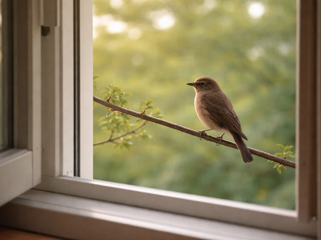 Cuckoo bird call scene with a small brown bird perched near a window in soft natural light