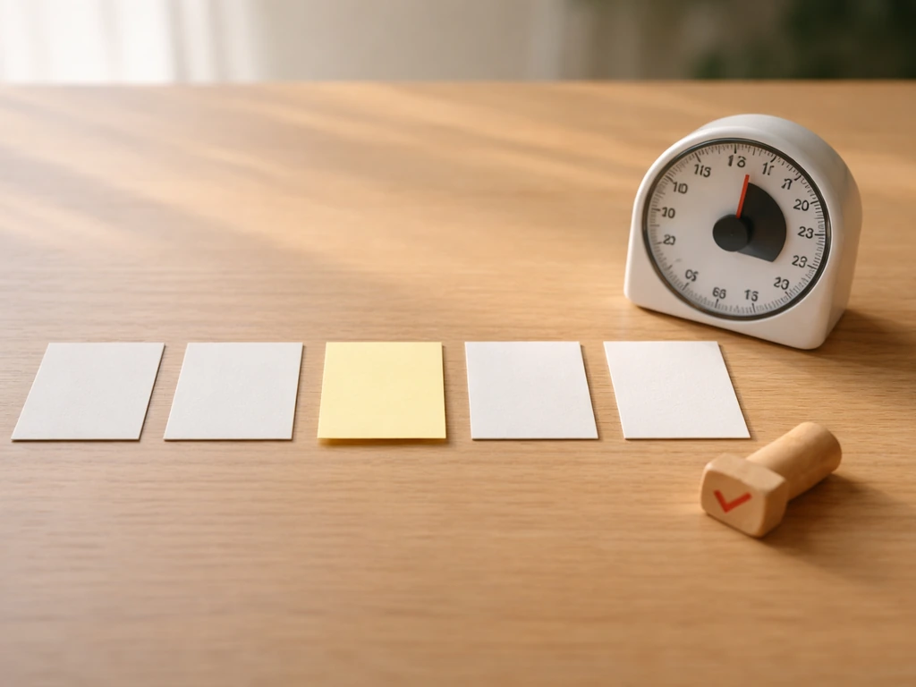 Minimal desk drill layout with blank cards, an analog timer, and a checkmark-style stamp.