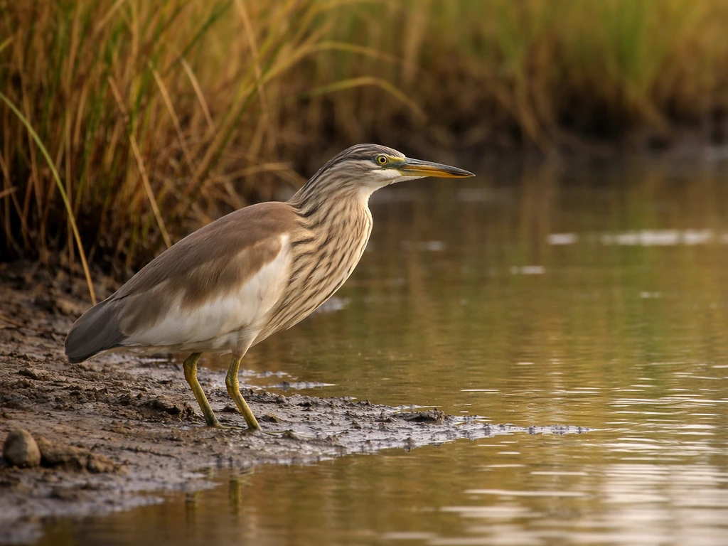 Indian Pond Heron standing by shallow water in a reed-lined wetland.