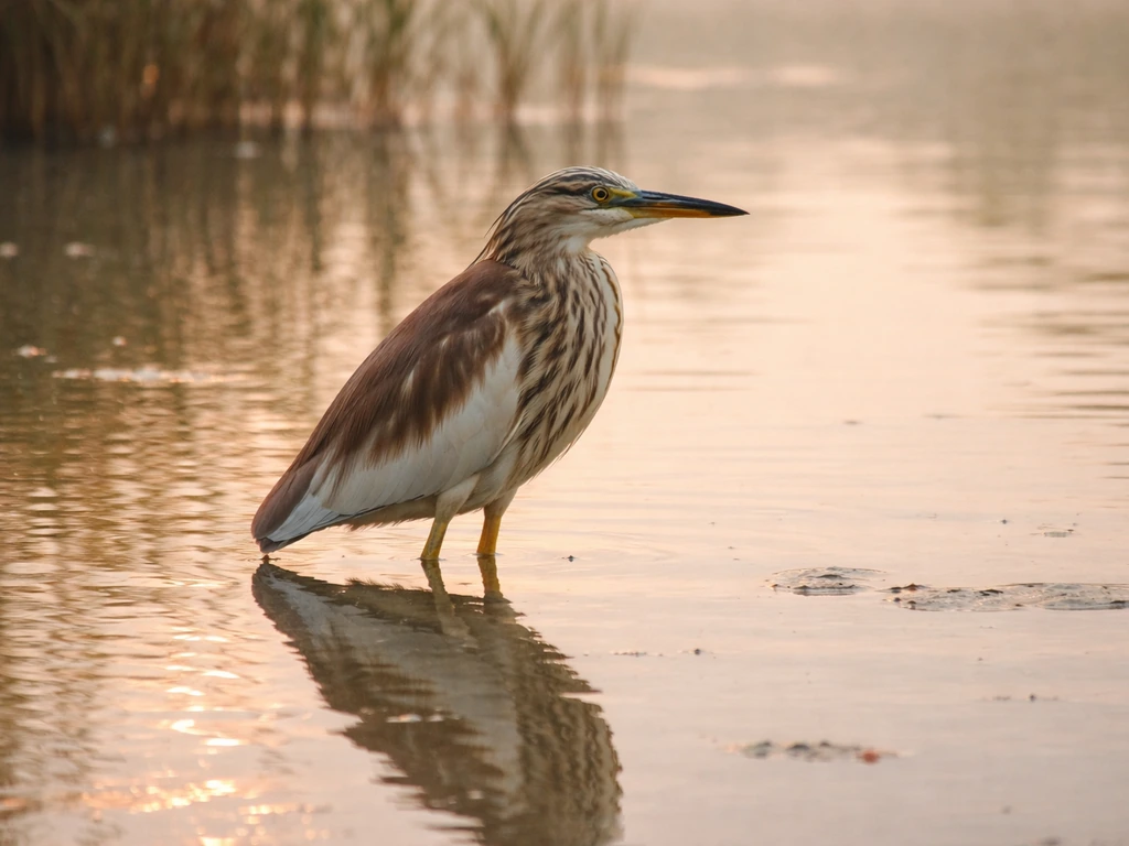 Close-up of a pond heron standing in shallow water at sunrise, representing “Bagla.”
