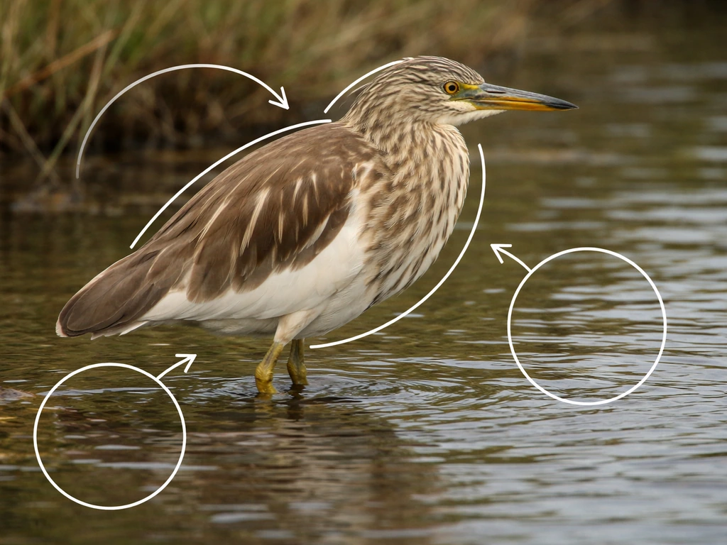Indian pond heron in shallow water showing streaky brown wings and white belly with subtle arrow callouts