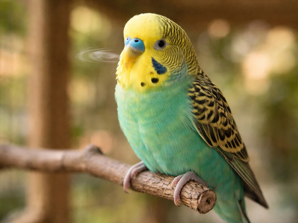 Colorful budgie perched on a branch with a subtle motion cue near its beak for “bud-gee” pronunciation.