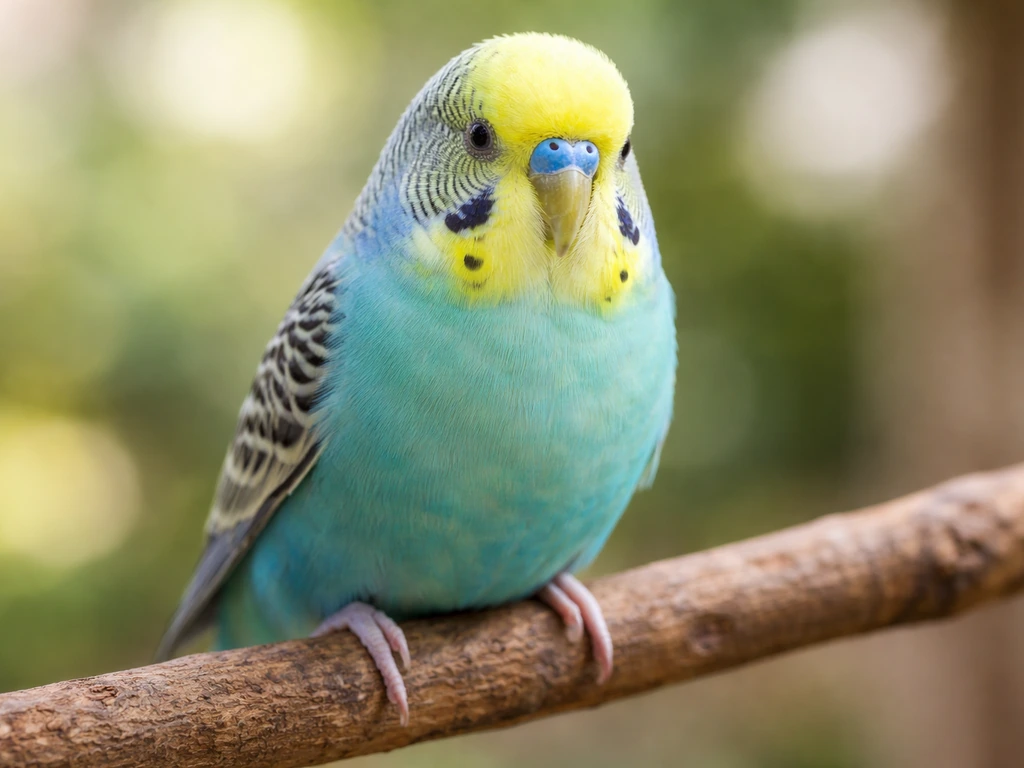 A bright budgerigar parakeet perched on a simple branch with soft natural background