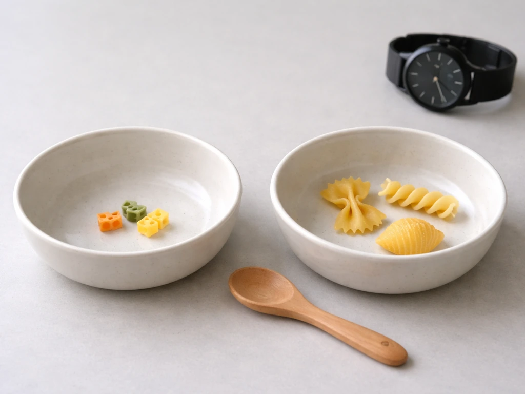 Minimal tabletop photo with two bowls of pasta suggesting wrong vs correct pronunciation.