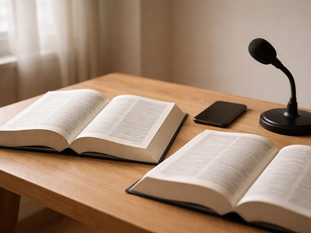 Minimal desk scene with two open dictionaries and a microphone, suggesting UK vs US pronunciation differences.