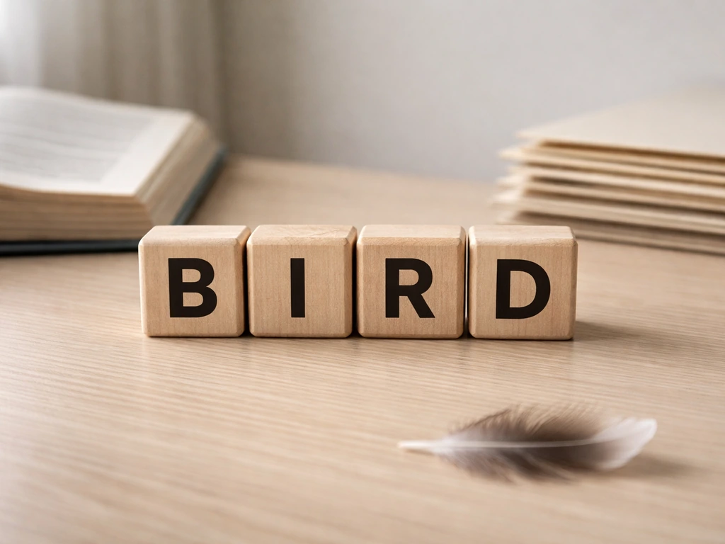 Close-up of “BIRD” acronym letters on a clean desk with dictionary pages and a feather nearby.