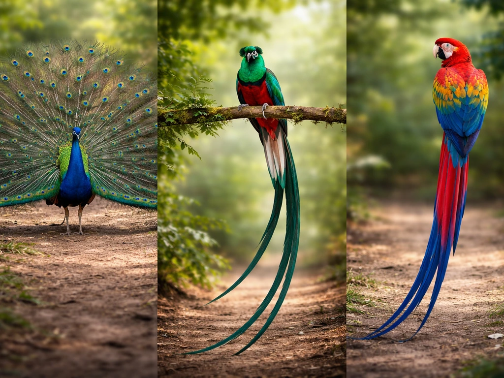 Three vividly colored long-tailed birds—peacock, quetzal-like bird, and macaw—side-by-side for comparison.