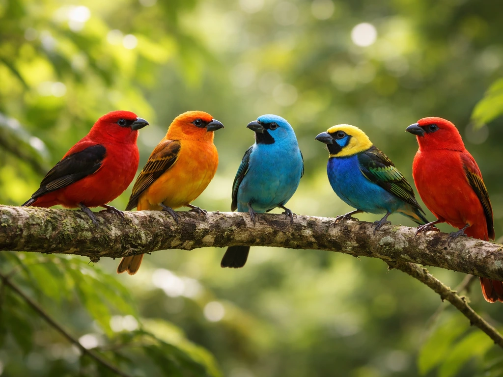 Colorful tanager songbirds perched together on a tree branch in bright tropical light.
