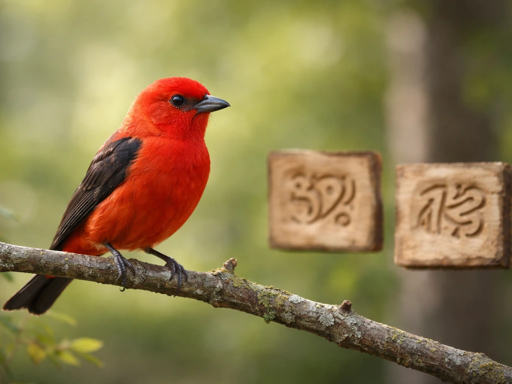 Scarlet tanager perched on a branch with subtle, blurred letter-like plaques suggesting species-name typography