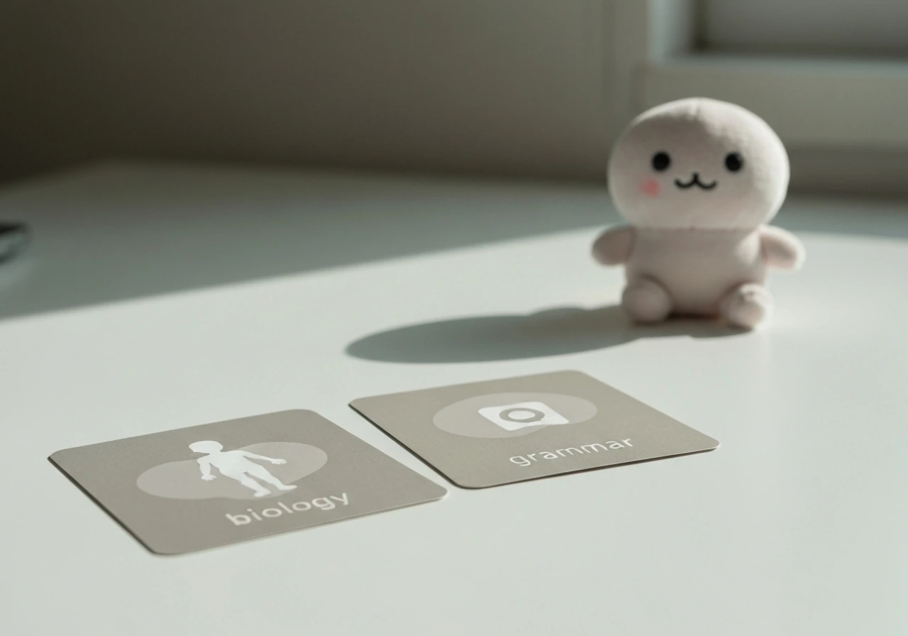 Minimal desk scene with two distinct concept cards and a small plush character, symbolizing different genders
